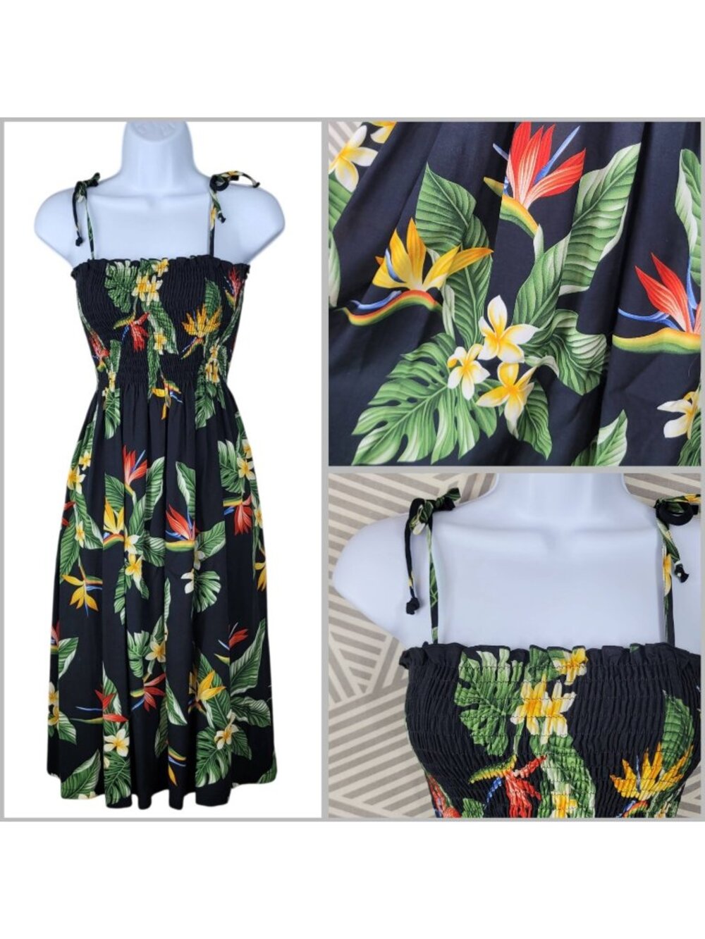 Vintage Tropical Hawaiian Shirred Tank Dress Medium Large Bird Of Paradise